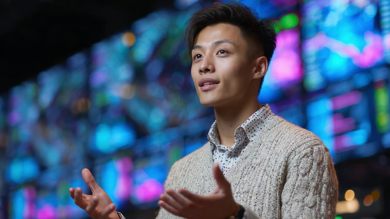 A Young Individual Engaging in Dynamic Communication, Captured in Two Frames of a Video, Showcasing Expressive Gestures Against a Vibrant and Technologically-Advanced Backdrop of Digital Displays