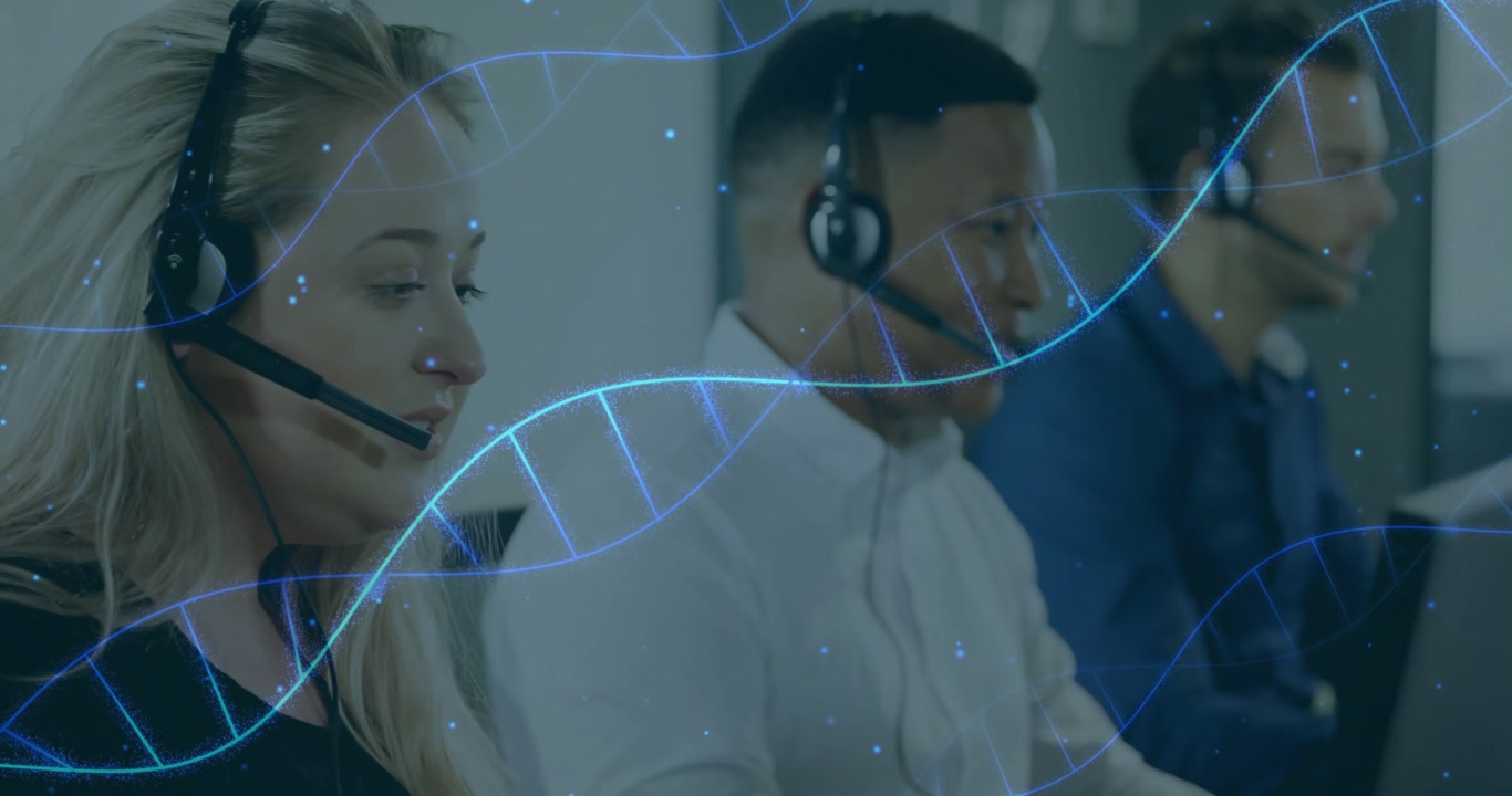Team donning headsets and taking biotech support calls while blue DNA helix weaving around monitors