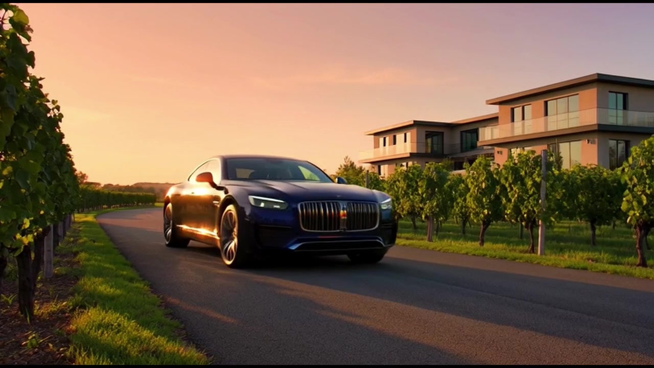 Dos coches de lujo conduciendo a través de un viñedo al atardecer.