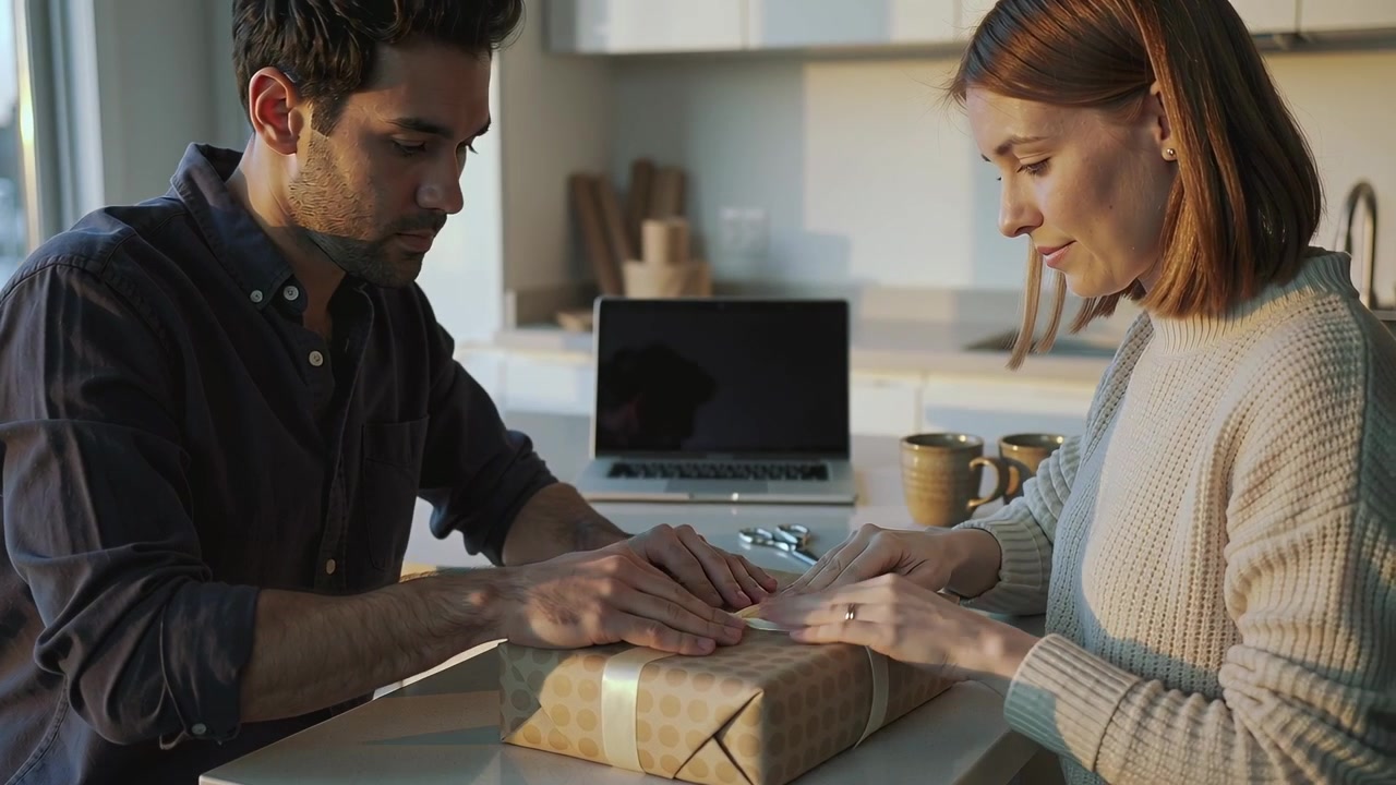 Placing hands on wrapped box, couple in sweaters untying ribbon opening box at kitchen table