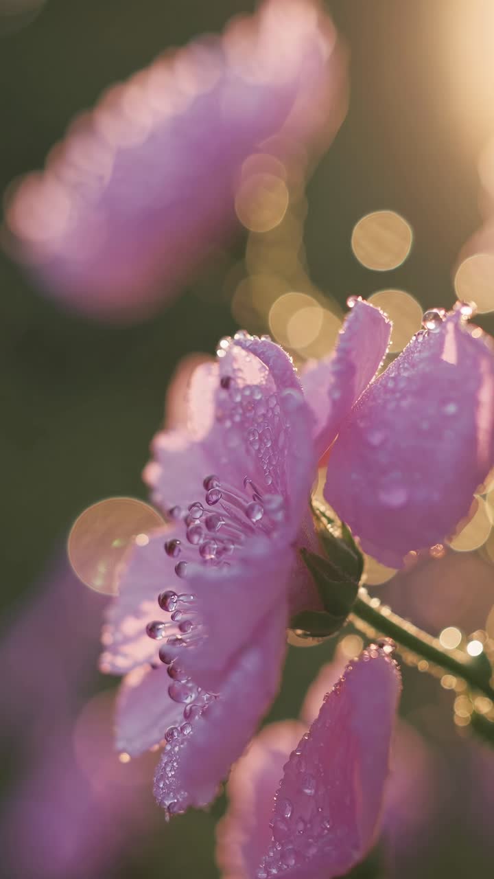 Stile video ravvicinato di fiori rosa rugiadosi a fuoco morbido, ripreso da una bassa angolazione con luce calda