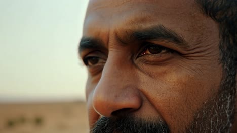 businessman with a contemplative expression, observing the vast desert landscape. his eyes reflect a sense of wonder and determination