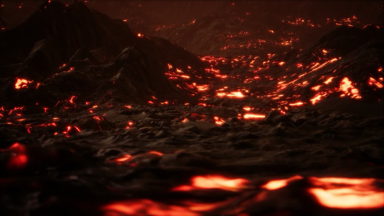 lava fundida roja y vibrante que fluye sobre un campo de lava gris y una tierra rocosa brillante