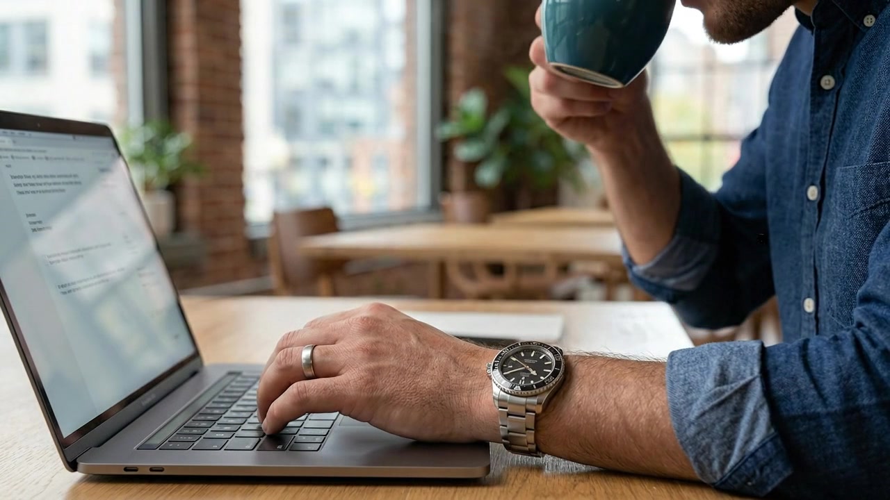 Man Working on Laptop and Drinking Coffee in Modern Office