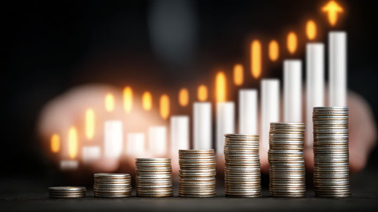Visual Representation of Financial Growth: Stacked Coins with Rising Chart and Increasing Bars Highlighting Success in Investment and Economic Progress