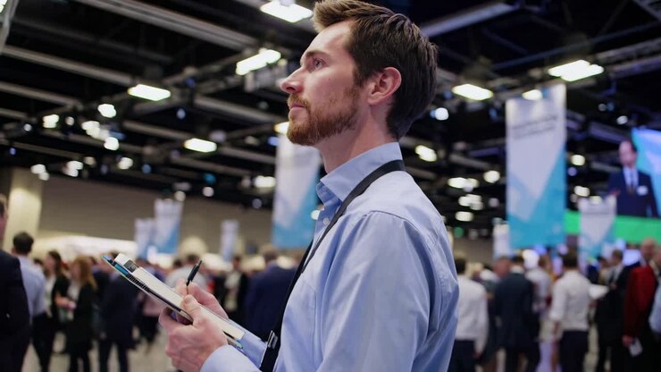 A bustling tech conference captured from a rear angle, focusing on a man in a blue shirt