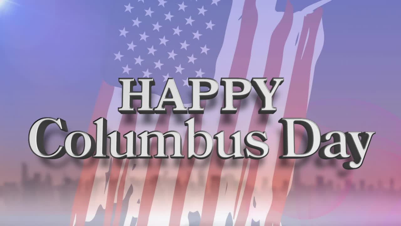 анимация текста "день счастливого колумба" над американским флагом и городским пейзажем