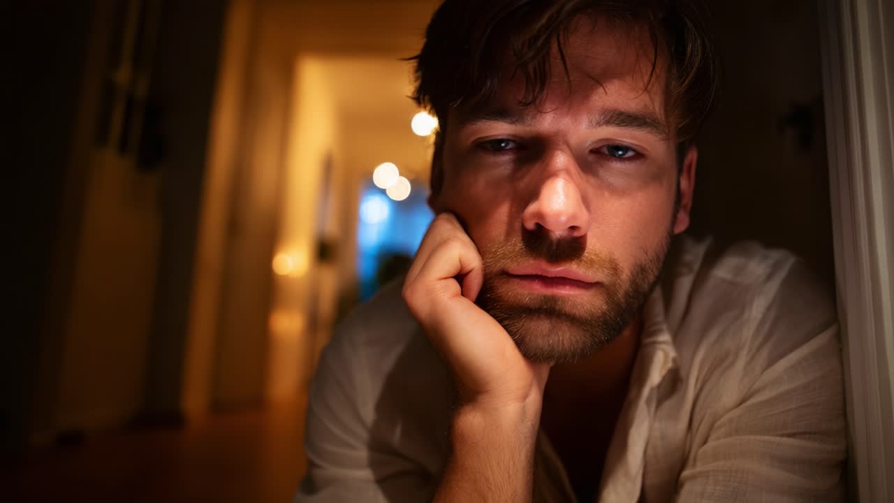 Uomo pensieroso che guarda assorto con un'espressione sottile mentre appoggia il mento sulla mano in un interno scarsamente illuminato con una calda illuminazione ambientale