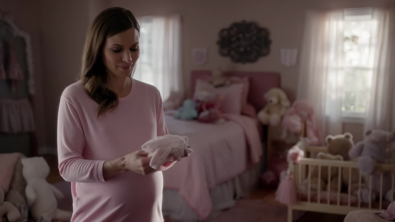 Pregnant Woman in Baby Nursery Holding Baby Clothes