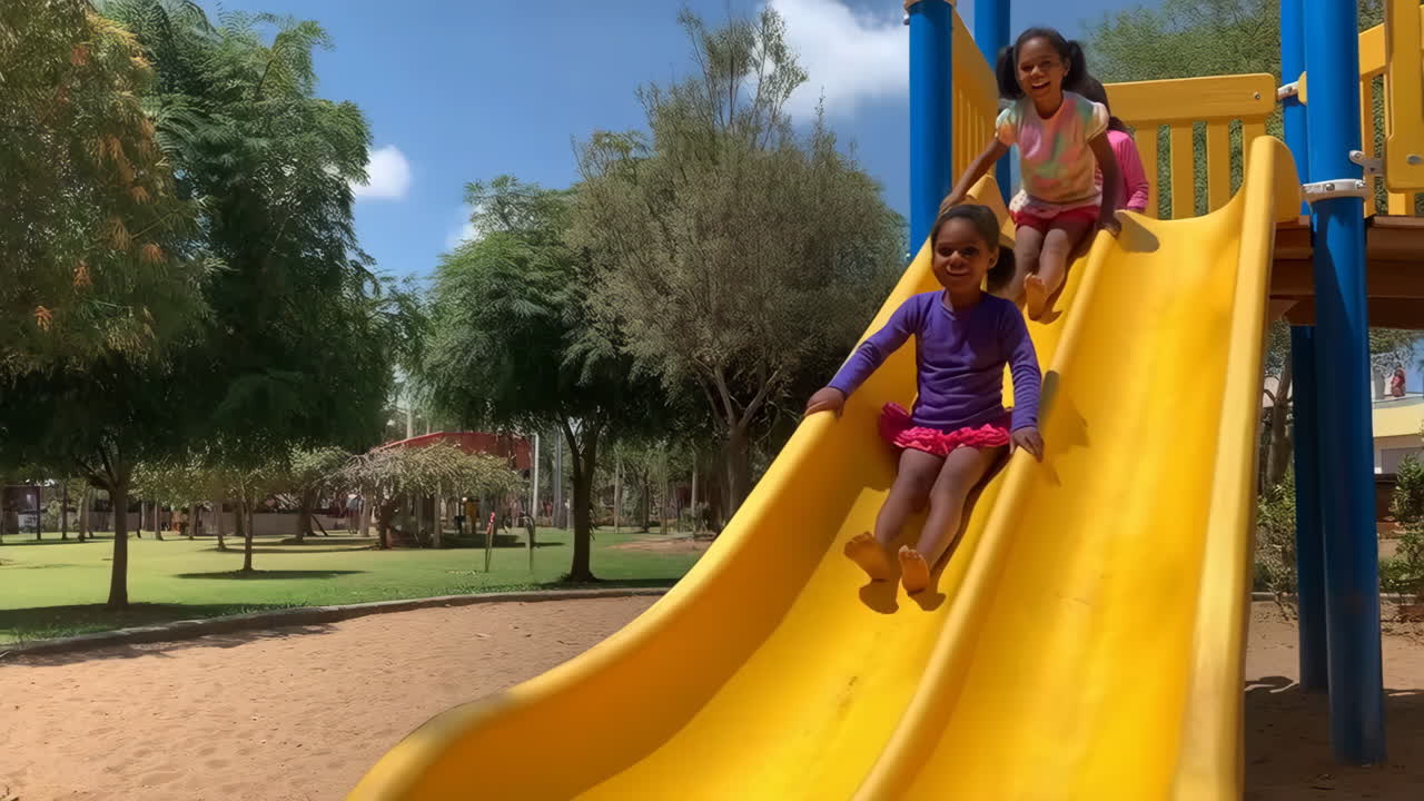 Two Girls Having Fun on a Yellow Slide at the Playground