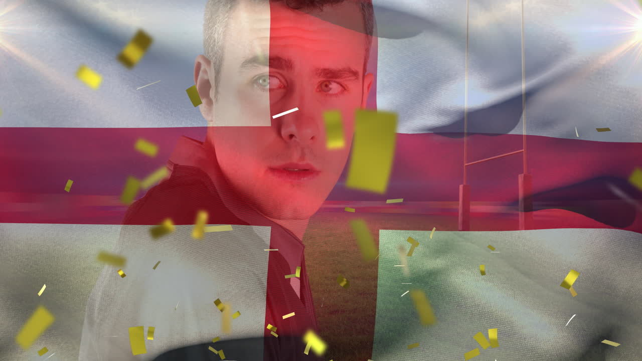 경기장에서 공을 들고 있는 백인 남성 럭비 선수 위에 영국  ⁇ 발과 콘페티의 애니메이션