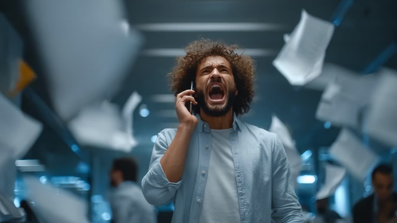 Frustration and Chaos: A Distressed Character Yelling on His Phone Amidst Flying Papers in a Busy Office Environment