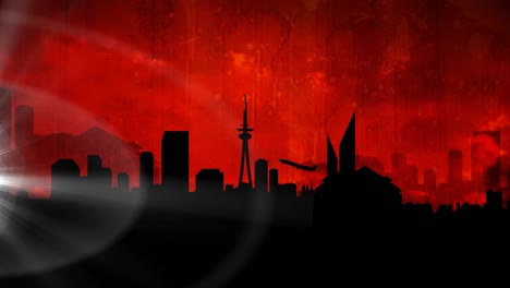 animation of plane taking off over silhouetted modern cityscape on red