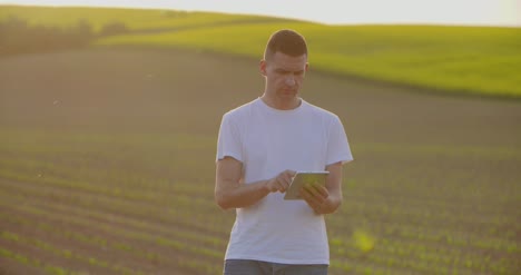 agricultor usando tableta digital en campo agrícola