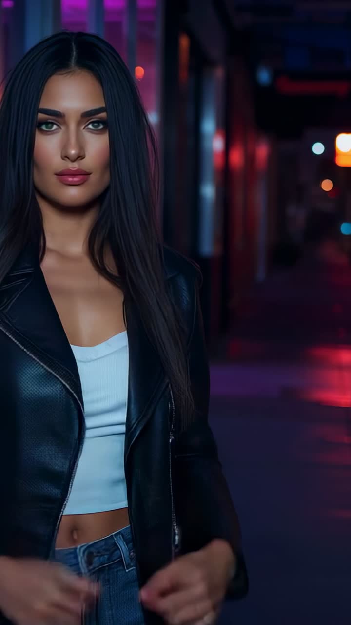 Vídeo vertical: plano de uma mulher ajustando sua jaqueta de couro e seu cabelo em um corredor de neon, posando