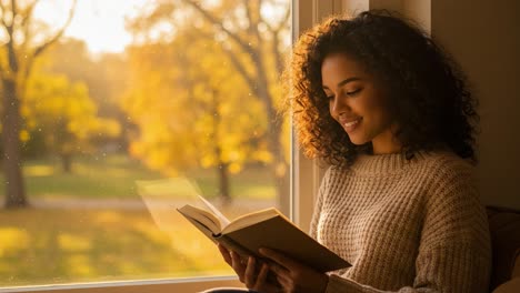 young woman reading a book by a window with autumn sunlight