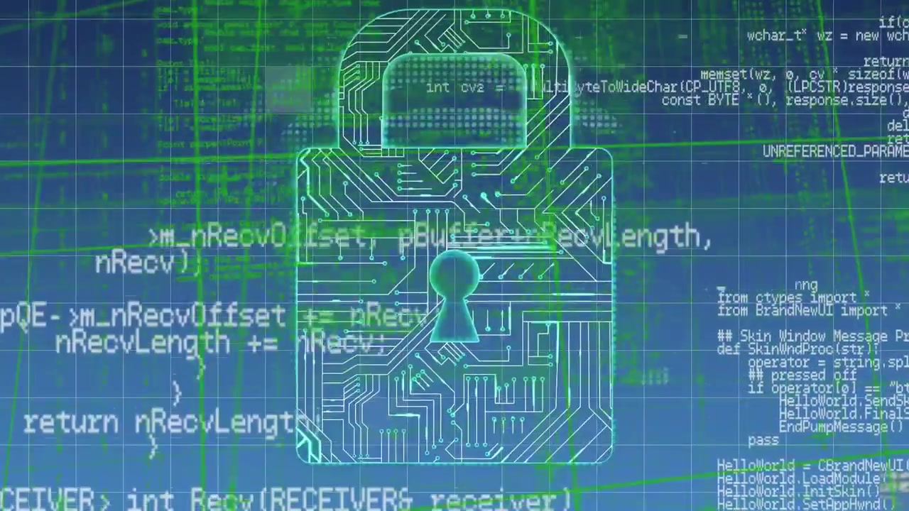 Animation of data processing and online security padlock over grid