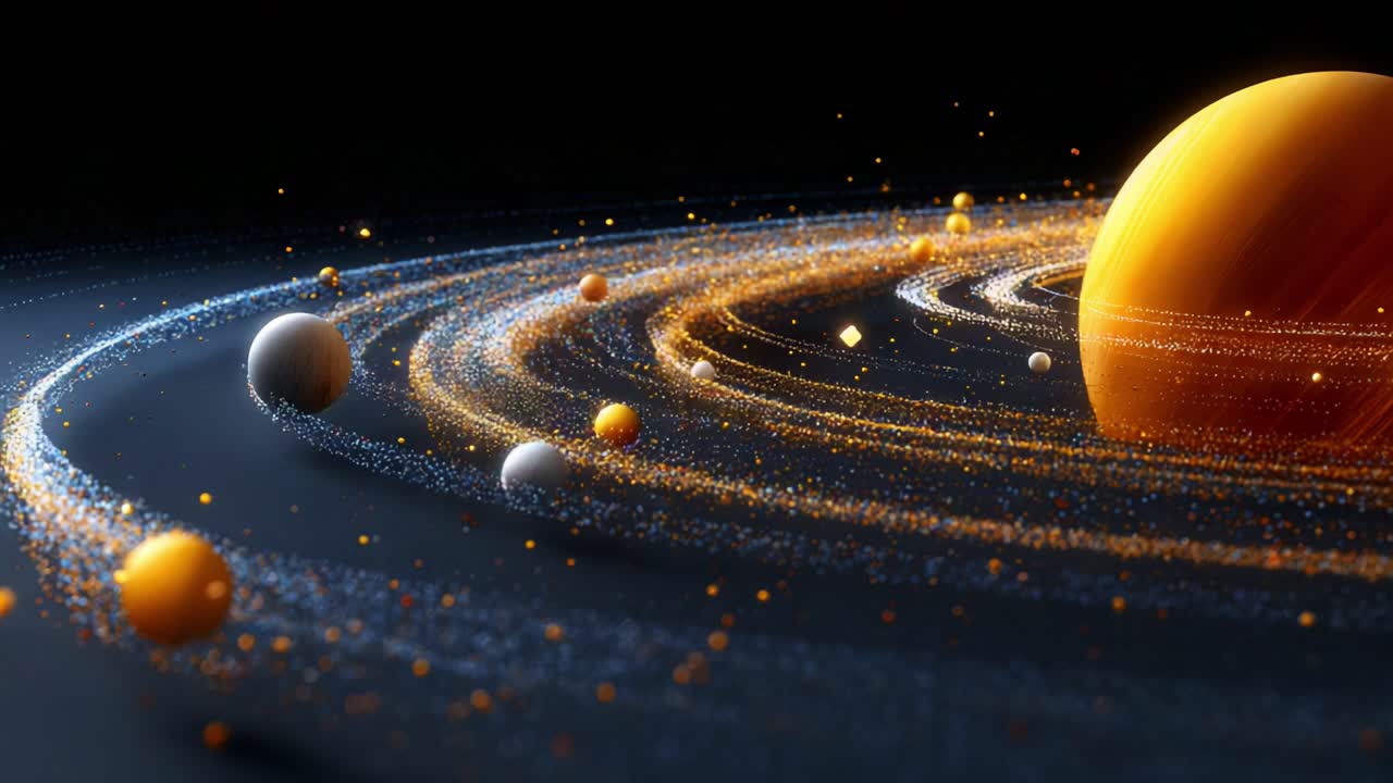 An Awe-Inspiring Cosmic Dance: Vibrant Orbits of Celestial Bodies Enveloped in Starlight, Showcasing the Majestic Structure of a Distant Exoplanetary System