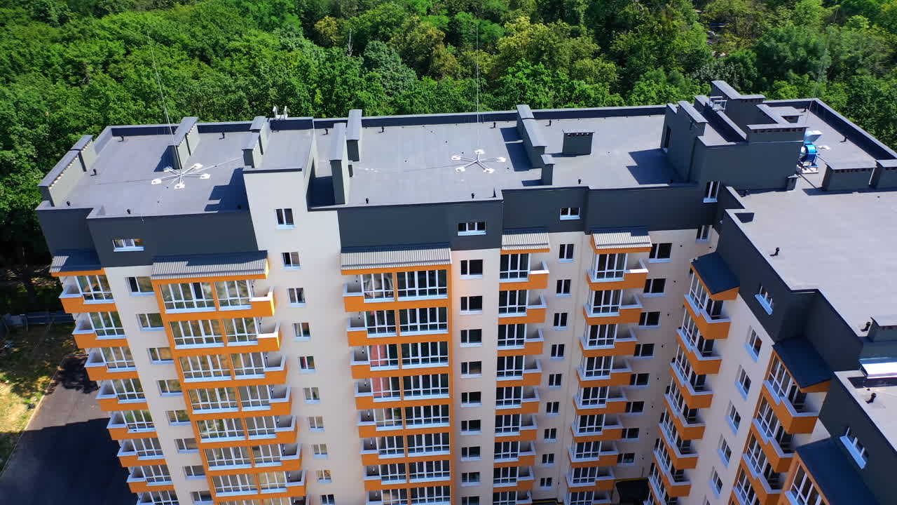 New modern apartment building. Drone view of modern residential complex