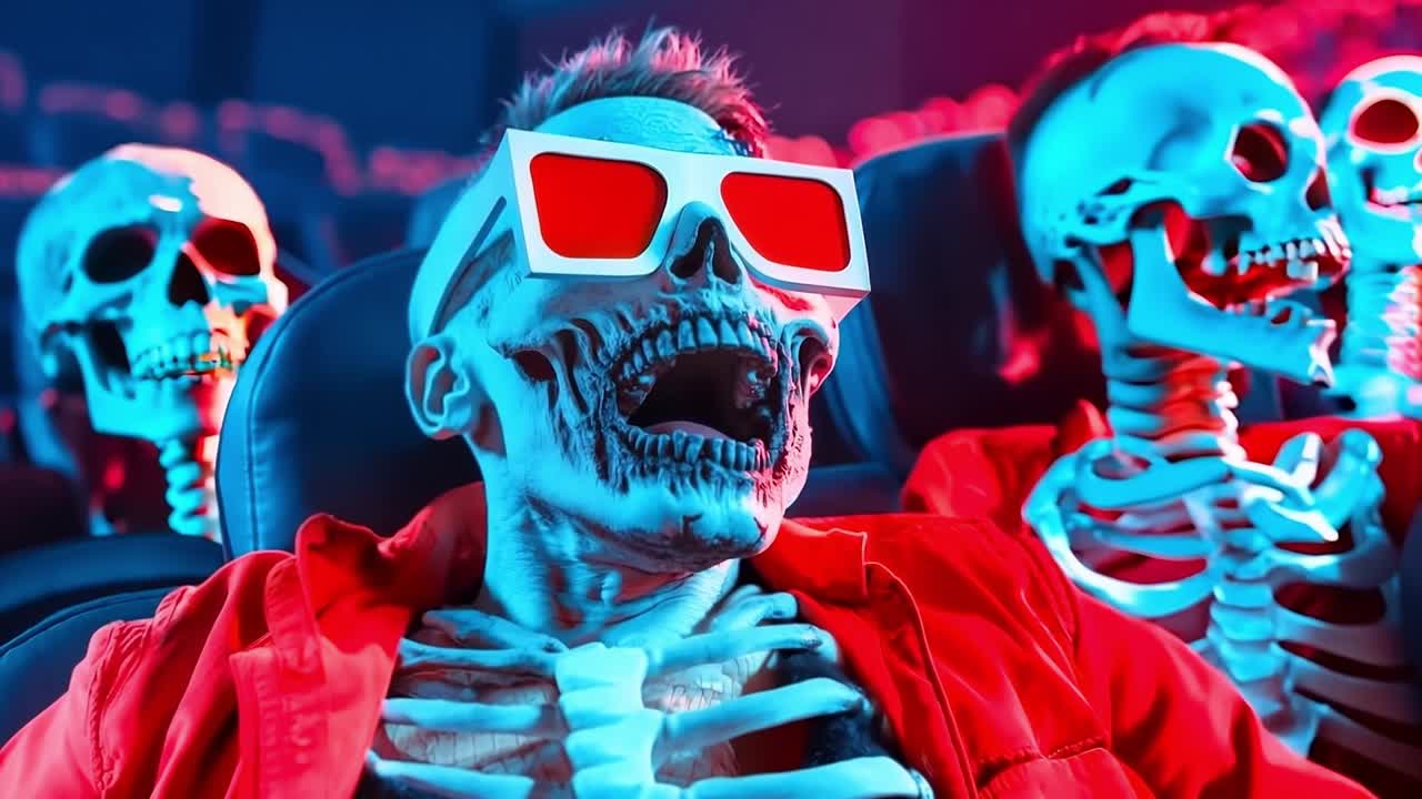 un grupo de esqueletos con gafas 3d en un cine
