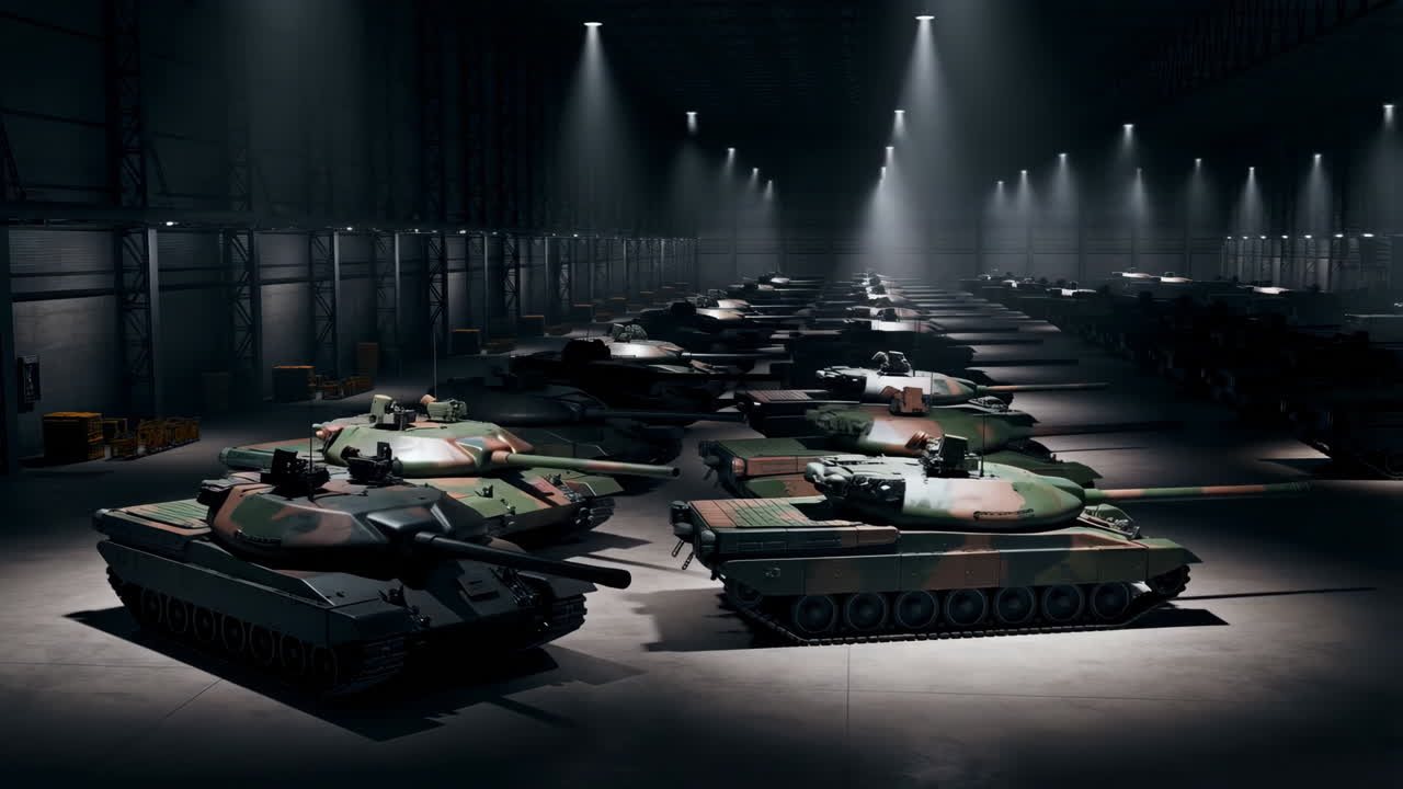 Military Tanks in a Warehouse