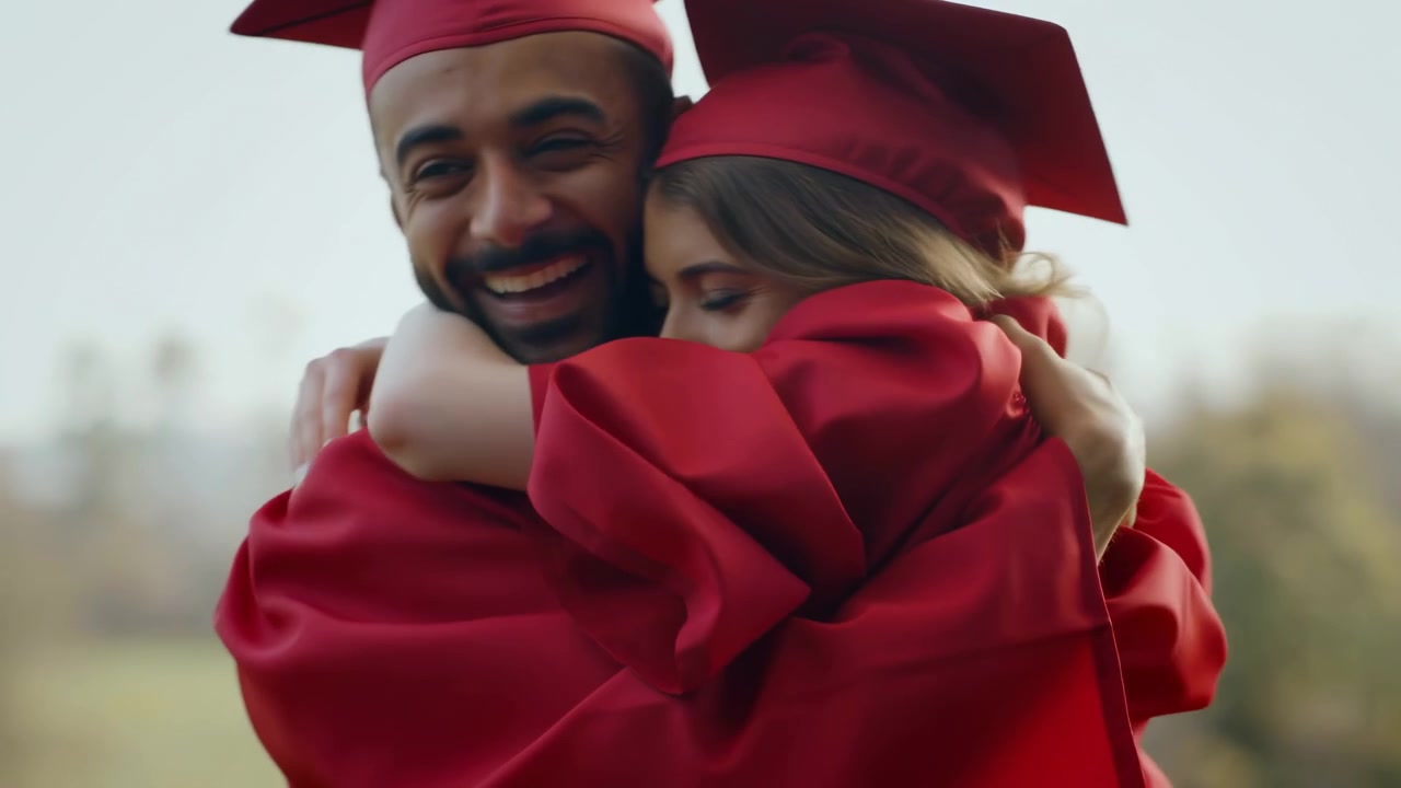 Close outdoor scene shows two graduates wearing red mortarboards and satin gowns embracing with happy expressions, soft background blur, daylight, and clear sense of celebration after achievement