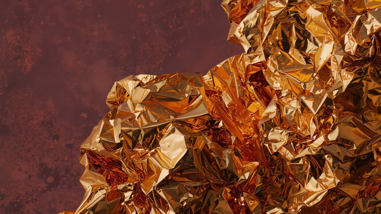 Lighting shifting across crumpled golden foil on red backdrop, highlights flickering, copy space