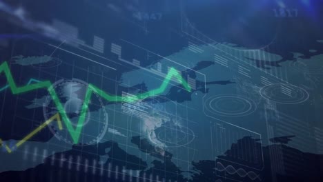 Animation-of-green-line-and-financial-data-processing-over-map-of-europe