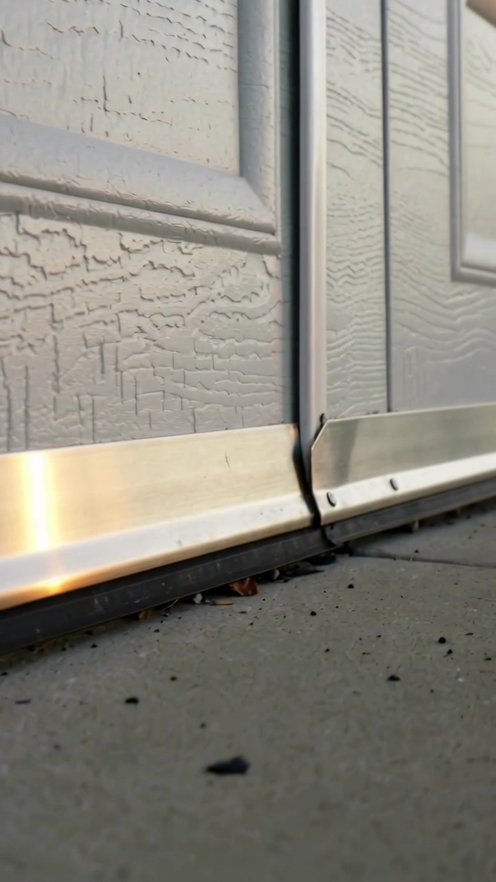 Vertical video: Camera shifting at garage, revealing door bottom, seam, metal trim and rubber sweep