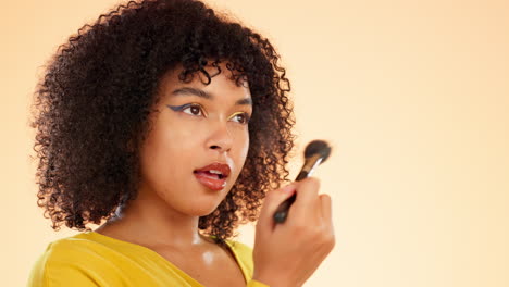 Woman,-makeup-and-smile-with-face-brush-in-studio