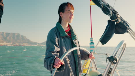 woman, ship steering wheel