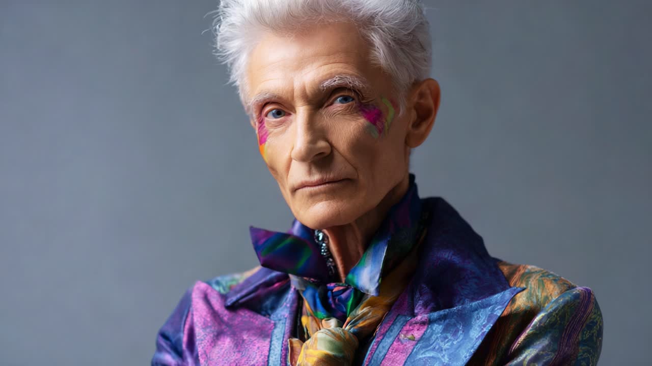 Splendido ritratto di un'elegante modella con capelli argentati e trucco colorato, che indossa una giacca multicolore unica, mettendo in mostra una moda audace e uno stile distintivo