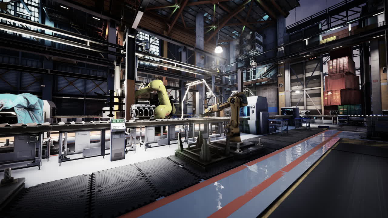 A Modern Industrial Factory With Robotic Arms On A Production Line