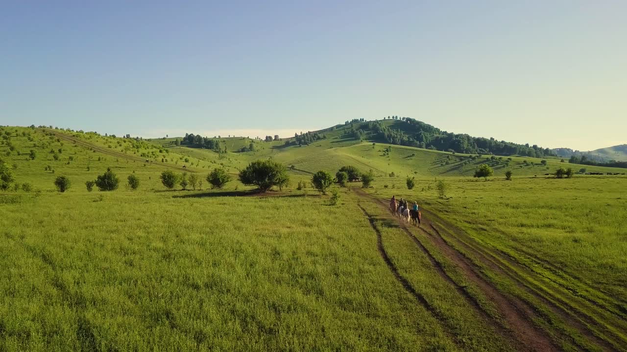 grupo de turistas aéreos de personas a caballo se mueven a lo largo de campos y montañas