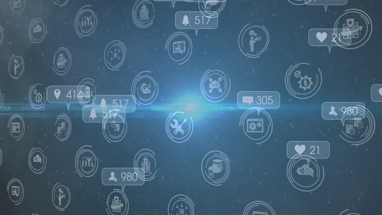 블루 배경 위의 소셜 미디어 아이콘과 숫자의 애니메이션