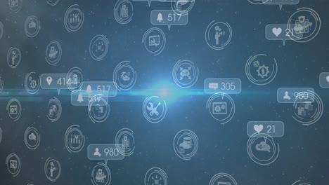 animación de iconos y números de redes sociales sobre fondo azul