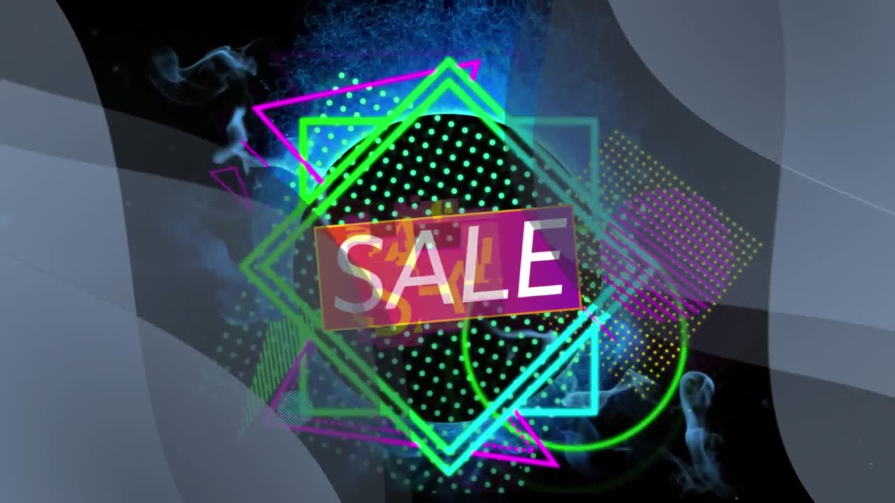 추상적인 배경에 조명 된 기하학적 모양으로 판매 텍스트의 애니메이션