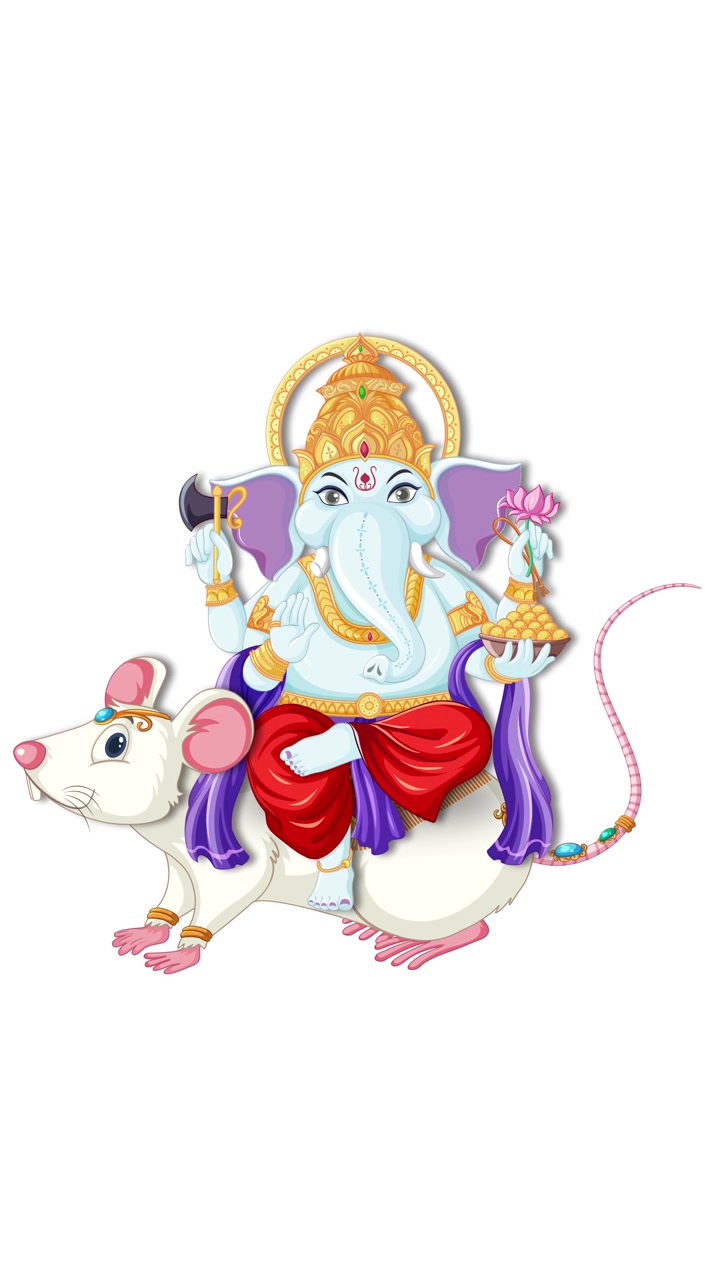Un'illustrazione a cartone animato colorata di Ganesha che cavalca un topo bianco su uno sfondo semplice.