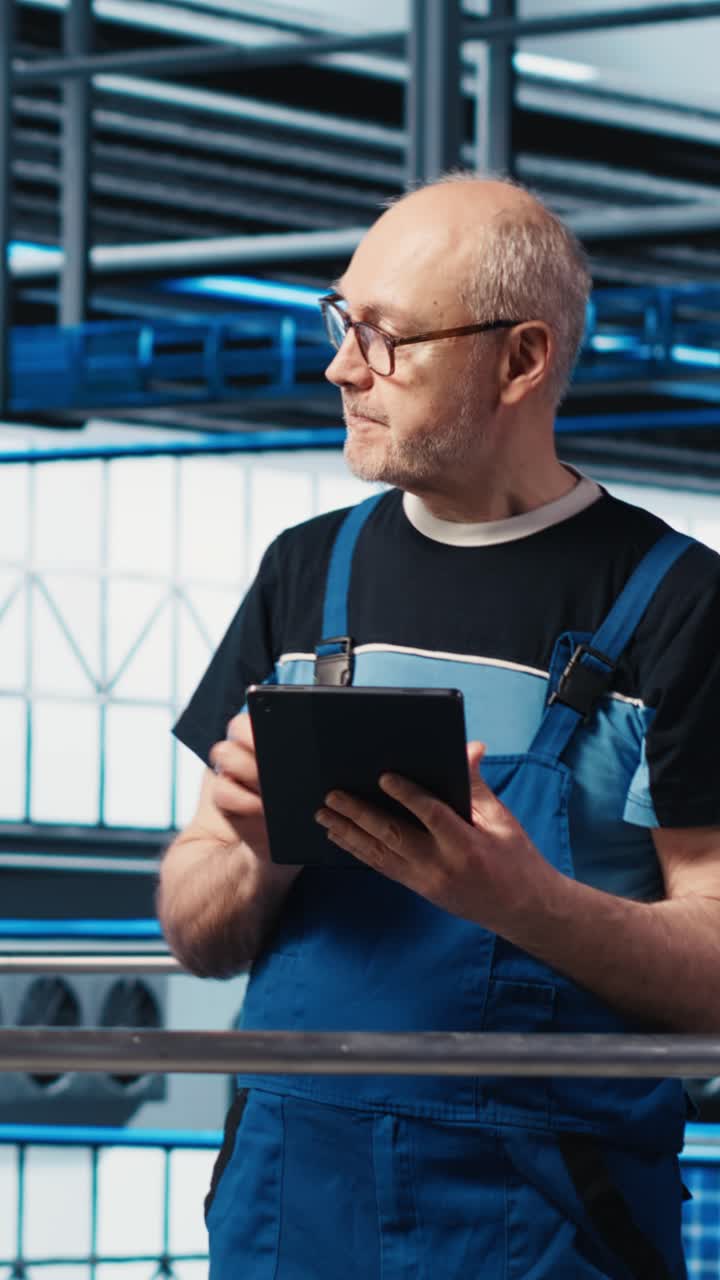 Vertical video Industry 4.0 photovoltaics plant manager overseeing work done by employees