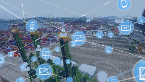 red de iconos digitales frente a la vista aérea del puerto
