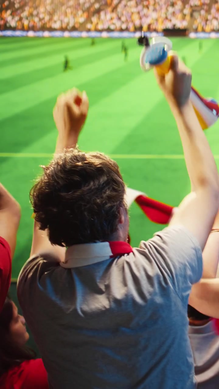 Video vertical: Aficionados apasionados viendo partido en campo de fútbol, animando y gritando