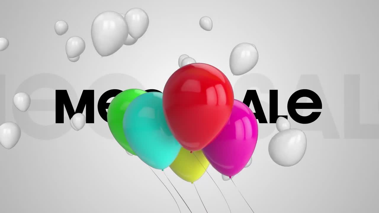animación de un montón de globos coloridos y globos blancos flotando contra el estandarte de texto de venta mega