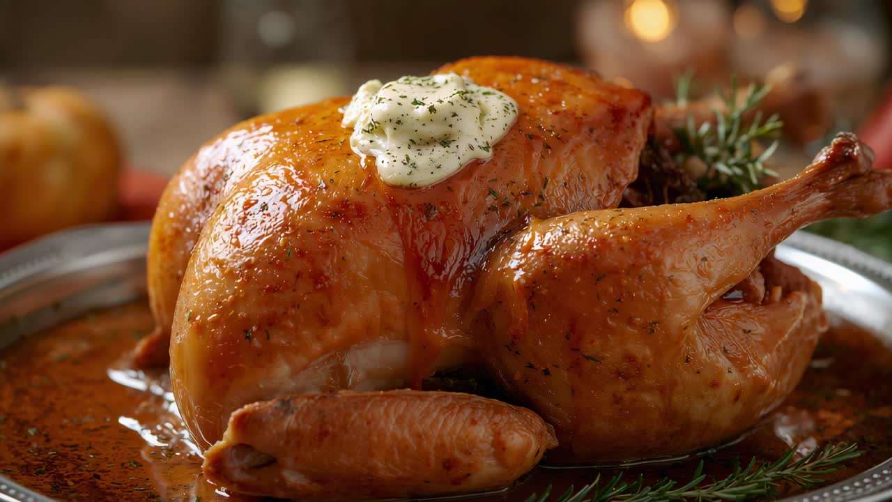 Holding close-up, camera showcasing whole roasted turkey on silver tray, highlighting herb butter