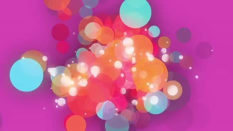 Animation-of-colourful-bokeh-circles-of-light-floating-on-pink-background