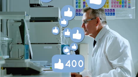 Scientist-working-in-lab-with-social-media-likes-animation-over-equipment