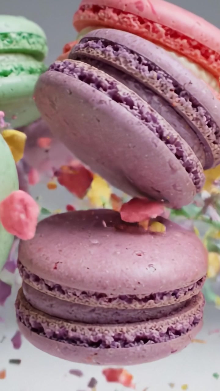 A Colorful Array of Macarons Floating Elegantly Mid-Air, Showcasing Their Delightful Pastel Shades and Irresistible Texture in a Playful Culinary Display