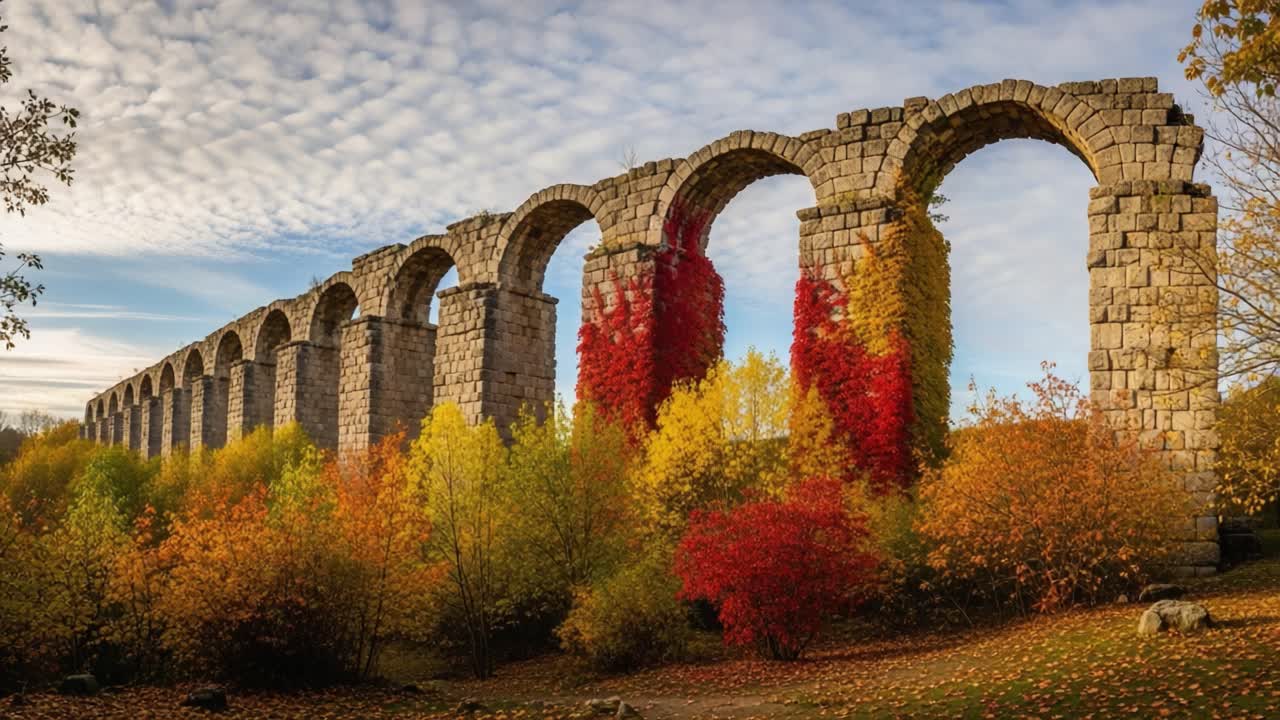 Majestic Aqueduct Surrounded by Lush Autumn Foliage Showcasing Vibrant Colors Against a Dramatic Sky in a Serene Landscape