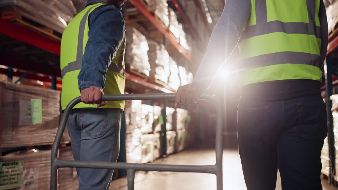 Warehouse workers with cart