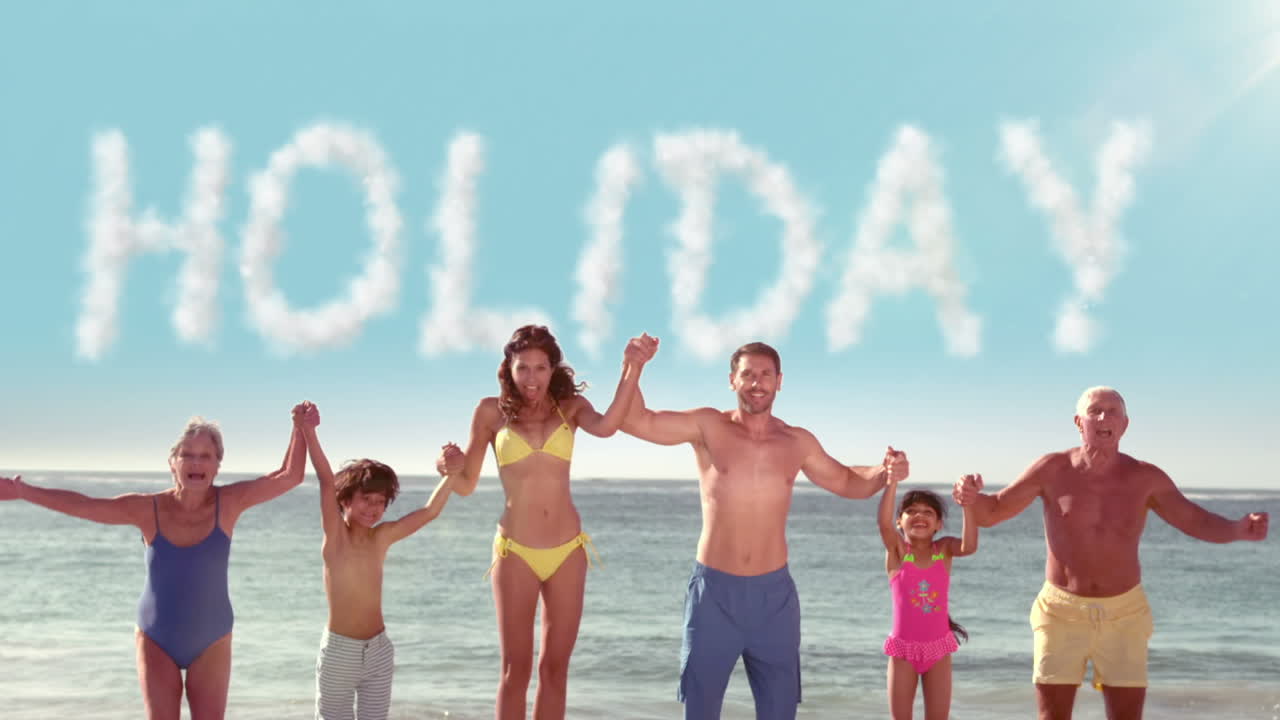 Familie springt over het woord 'vakantie'