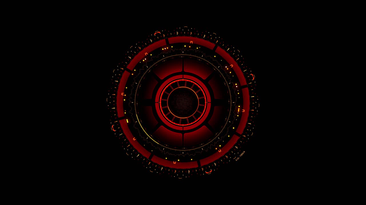 Intricate red and yellow circular HUD element with rotating gears and blinking lights. Sci-fi interface for danger, alert, or advanced technology concepts